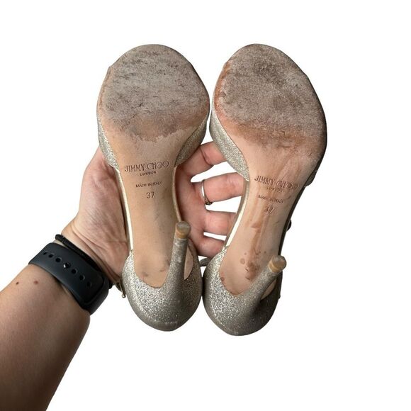 Jimmy Choo Annie 85mm Glitter Sandals Platinum Ice Size 37 - Picture 11 of 11